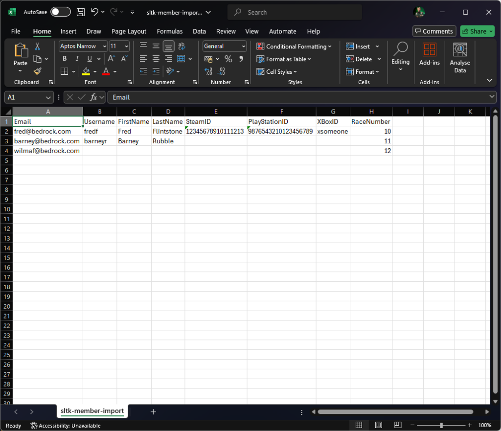 Member import template in Excel
